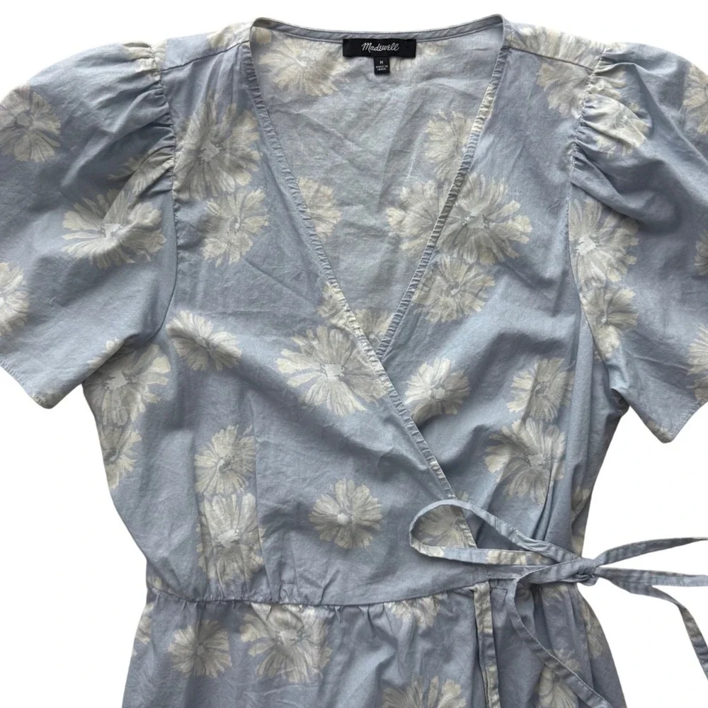 Madewell Womens Dress Medium Floral Wrap Mini Puff Sleeve Blue White Lightweight